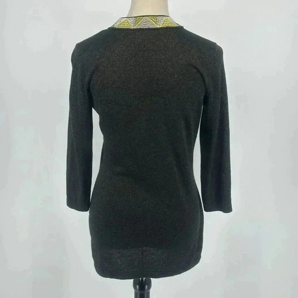J. McLaughlin Womens Small Tunic Top Black Metallic Gold Silver V Neck Whimsical - Picture 10 of 13